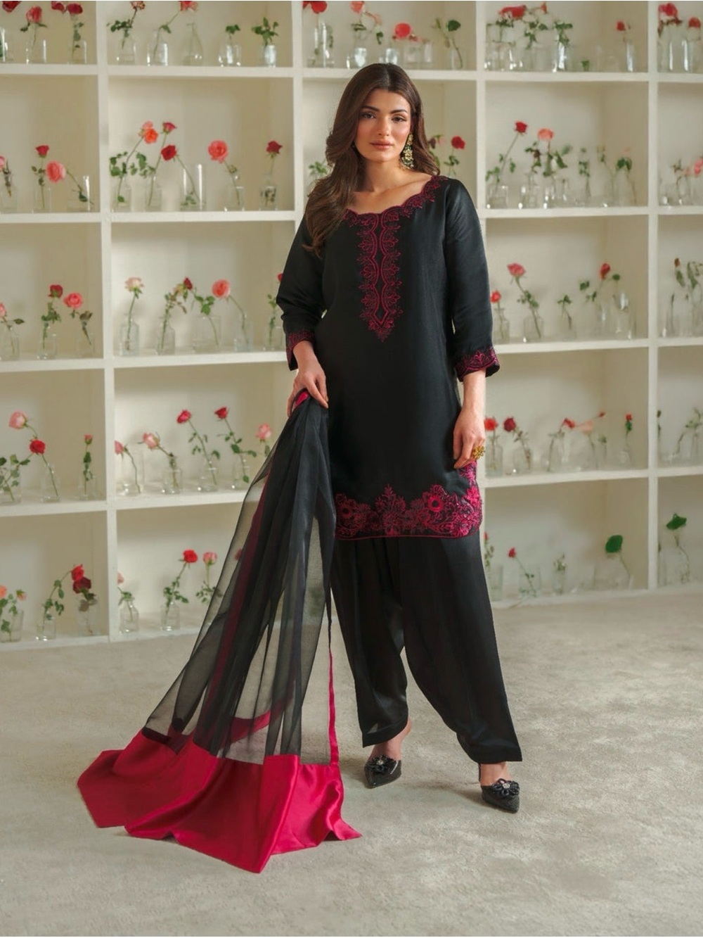 Embroidered Black & Fuchsia Salwar Suit - Women Pants & Jumpsuits